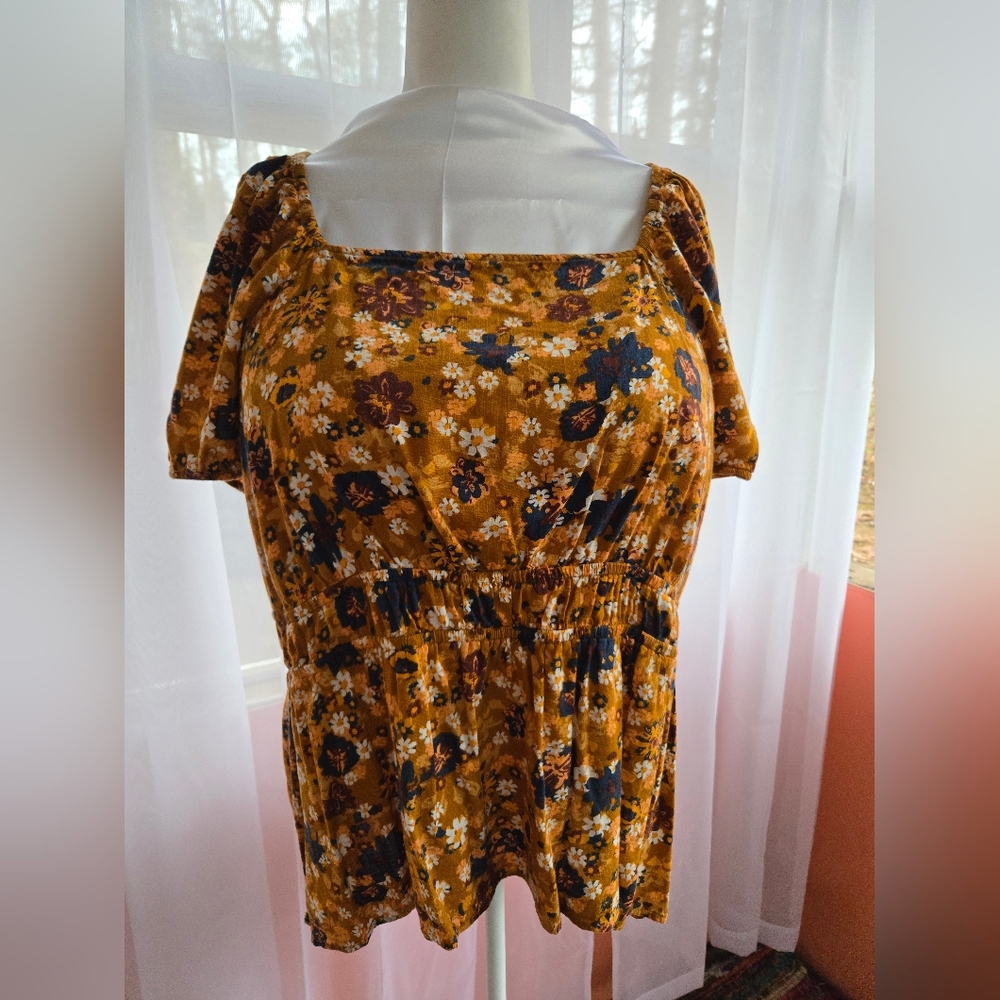 Sonoma Mustard Floral Square-Neck Peplum Tunic